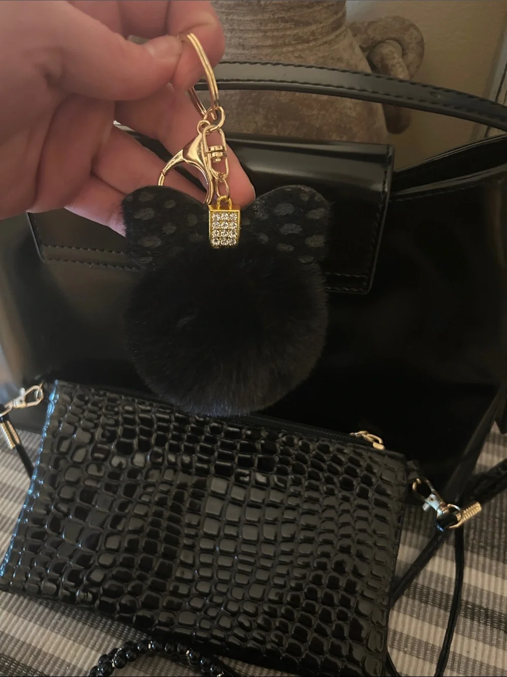 J. Crew Black Patent Shoulder Bag with Croc-Effect Pouch and Charms